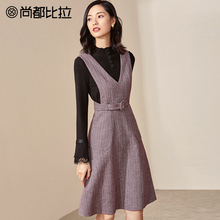 【8折价270元】尚都比拉腰带修身显瘦无袖V领纯色毛呢背带连衣裙图片