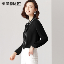 尚都比拉雪纺衫长袖女2018新款秋季时尚百搭系带撞色韩版雪纺衬衫图片
