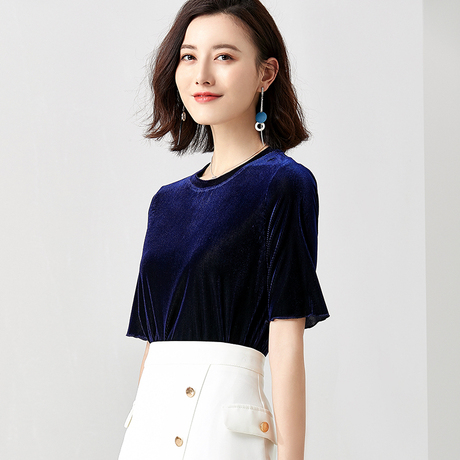 尚都比拉简约体恤衫圆领纯色上衣女秋2018新款复古丝绒短袖t恤女商品大图