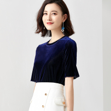 尚都比拉简约体恤衫圆领纯色上衣女秋2018新款复古丝绒短袖t恤女图片