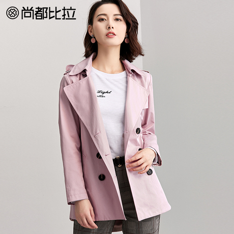 尚都比拉2018新款秋装气质翻领双排扣可拆卸腰带连帽女士风衣外套商品大图