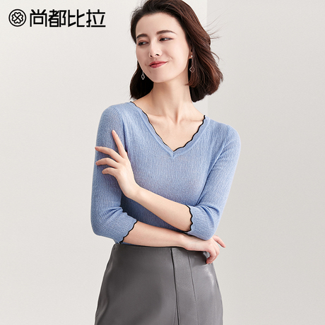 尚都比拉2018新款秋装撞色花边显瘦V领修身套头七分袖针织衫女商品大图