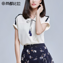 【惠】遮肚子雪纺衫短袖女夏v领系带流苏简约上衣通勤小衫2018图片