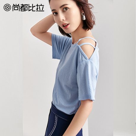 尚都比拉2018新款露肩上衣时尚女士针织体恤衫性感镂空短袖t恤女商品大图