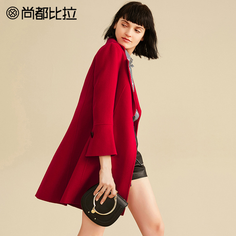 【8折价638元】羊毛100% 尚都比拉西装领喇叭袖显瘦双面毛呢外套商品大图
