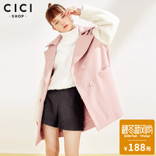 cicishop女装大翻领拼接毛呢外套女装中长款休闲呢子大衣女9037图片