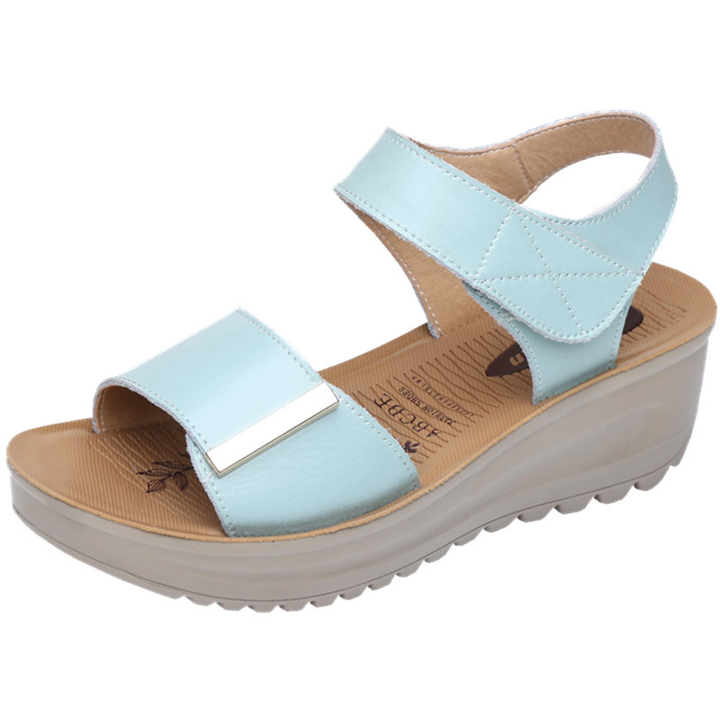 凉鞋女夏坡跟平底2018新款百搭真皮妈妈鞋中