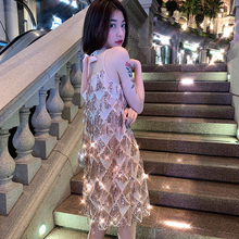 女中长款 2019新款 阿姐家夏装 亮片网纱连衣裙仙女背心裙性感吊带裙