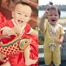 夏红 短袖 男童棉绸百天抓周服幼儿园儿童外出服男宝宝唐装 幼儿套装