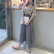 套装 高腰显瘦中长半身裙 chic风卷边格子V领中袖 套头衬衫 春夏韩版