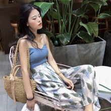 套装 高腰印花阔腿裤 显瘦蓝色针织吊带小背心 港味复古chic风修身