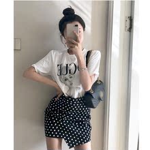 高腰波点不规则短裙女 t恤 2018夏韩国复古字母人头印花短袖 PPSHD