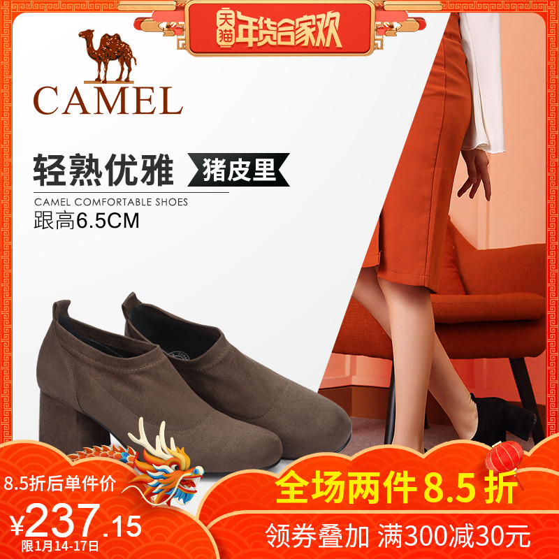 Camel Women's Shoes 2018 New Autumn/Winter Thick Heel Pullover Suede Shoes Deep Mouth Single Shoes Women's High Heels