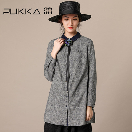 Pukka蒲牌绣花棉长袖衬衫女拼接原创设计大码女装2018秋装新款商品大图