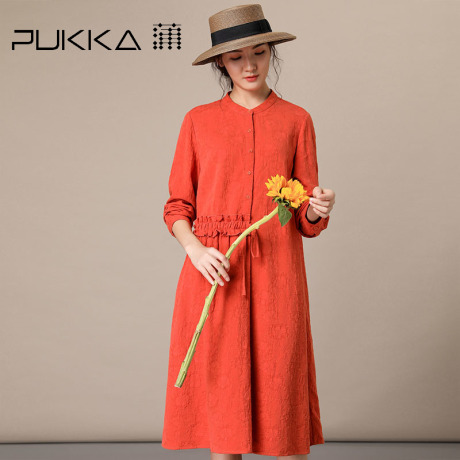 Pukka蒲牌棉麻天丝连衣裙女原创设计大码女装秋冬装女2018新款商品大图
