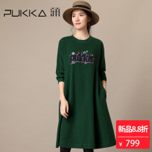 Pukka蒲牌针织棉绣花连衣裙女原创设计大码女装秋冬装女2018新款图片