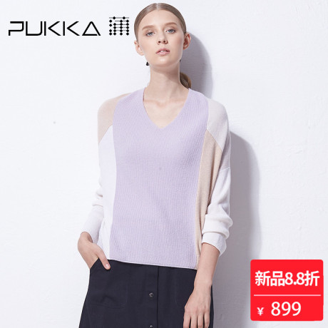 Pukka蒲牌拼接羊毛针织衫女原创设计大码女装秋冬装女2018新款商品大图