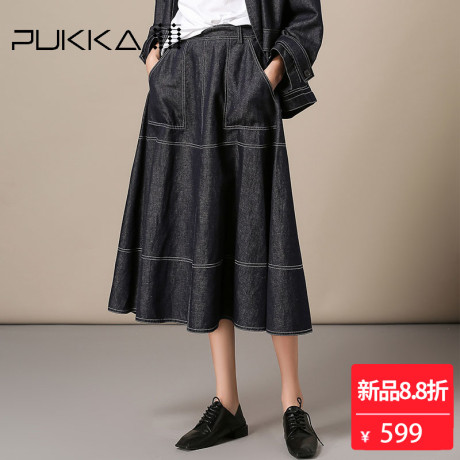 Pukka蒲牌棉麻牛仔半身裙女原创设计大码女装秋冬装女2018新款商品大图