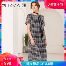 Pukka蒲牌真丝棉绣花格子连衣裙女原创时尚文艺大码2019春夏新款图片