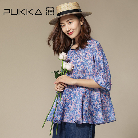 Pukka蒲牌苎麻印花套头衬衫女原创设计大码女装秋装2018新款女商品大图