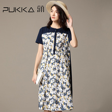 Pukka蒲牌印花棉拼接连衣裙女原创设计大码女装夏装2018新款女图片