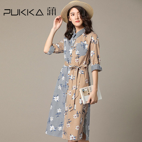 Pukka蒲牌印花棉拼接连衣裙女系带原创设计大码女装2018秋装新款商品大图