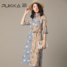 Pukka蒲牌印花棉拼接连衣裙女系带原创设计大码女装2018秋装新款图片