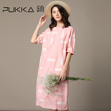 Pukka蒲牌印花棉七分袖连衣裙女原创设计大码女装夏装2018新款女图片
