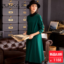 Pukka蒲牌棉羊毛呢绣花连衣裙女原创设计大码女装2018秋装新款图片