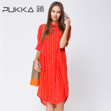 Pukka/蒲牌2018夏装新款商场同款原创设计女装翻领苎麻连衣裙图片