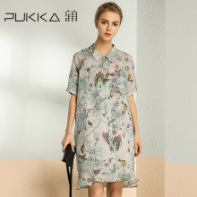 Pukka/蒲牌苎麻印花连衣裙女原创设计女装夏装2018新款女图片