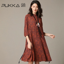 Pukka蒲牌印花七分袖连衣裙女系带原创设计大码女装2018秋装新款图片