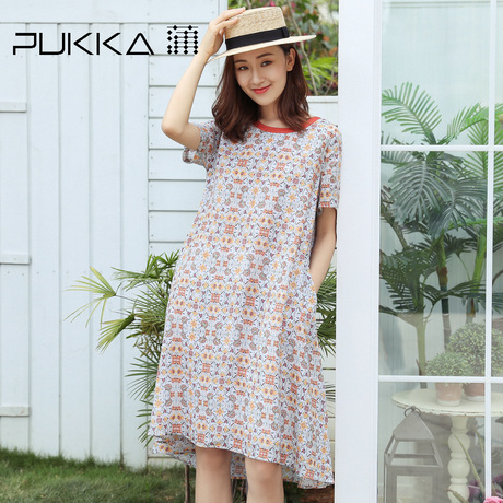 Pukka蒲牌苎麻印花短袖连衣裙女系带原创设计女装夏装2018新款女商品大图