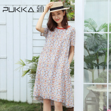 Pukka蒲牌苎麻印花短袖连衣裙女系带原创设计女装夏装2018新款女图片