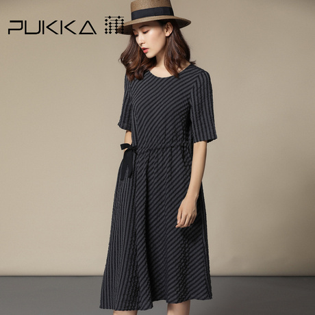 Pukka蒲牌系带苎麻短袖连衣裙女原创设计大码女装夏装2018新款女商品大图