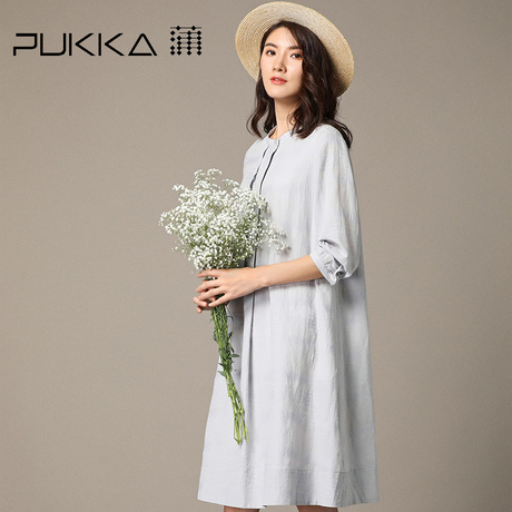 Pukka蒲牌绣花棉质七分袖连衣裙女原创设计大码女装2018秋装新款商品大图