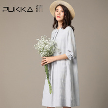 Pukka蒲牌绣花棉质七分袖连衣裙女原创设计大码女装2018秋装新款图片