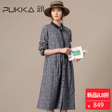 Pukka蒲牌绣花棉长袖拼接连衣裙女原创设计大码女装2018秋装新款图片