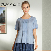 Pukka/蒲牌2018夏装新款原创设计女装炒色短袖棉麻套头衬衫图片