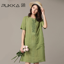 Pukka/蒲牌2018夏装新款原创设计大码女装口袋绣花苎麻连衣裙图片