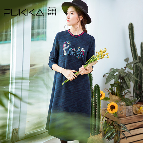 Pukka蒲牌肌理绣花长袖连衣裙女原创设计大码女装2018秋装新款商品大图