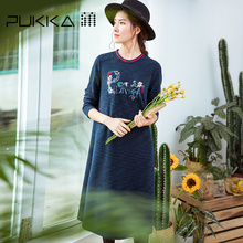 Pukka蒲牌肌理绣花长袖连衣裙女原创设计大码女装2018秋装新款图片