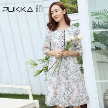 Pukka蒲牌苎麻印花七分袖连衣裙女原创设计女装夏装2018新款女图片