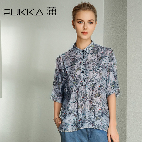 Pukka蒲牌真丝麻印花衬衫女原创设计女装夏装2018新款女商品大图