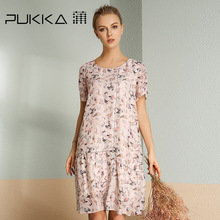 Pukka/蒲牌2018夏装新款原创设计大码女装短袖印花丝麻连衣裙图片