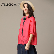 Pukka蒲牌苎麻镂空绣花衬衫女原创设计大码女装2018秋装新款图片