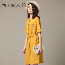 Pukka蒲牌苎麻绣花中袖连衣裙女原创设计大码女装2018秋装新款图片