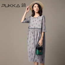 Pukka蒲牌印花七分袖连衣裙女原创设计大码女装夏装2018新款女图片