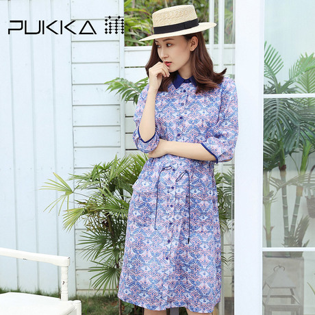 Pukka蒲牌苎麻印花连衣裙女七分袖系带原创设计女装2018新款女商品大图