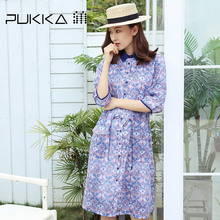 Pukka蒲牌苎麻印花连衣裙女七分袖系带原创设计女装2018新款女图片
